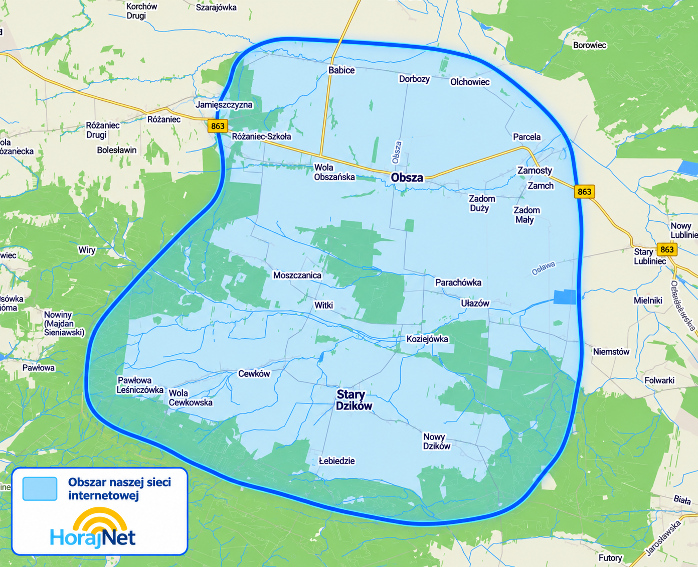 Mapa zasięgu sieci internetowej HorajNet