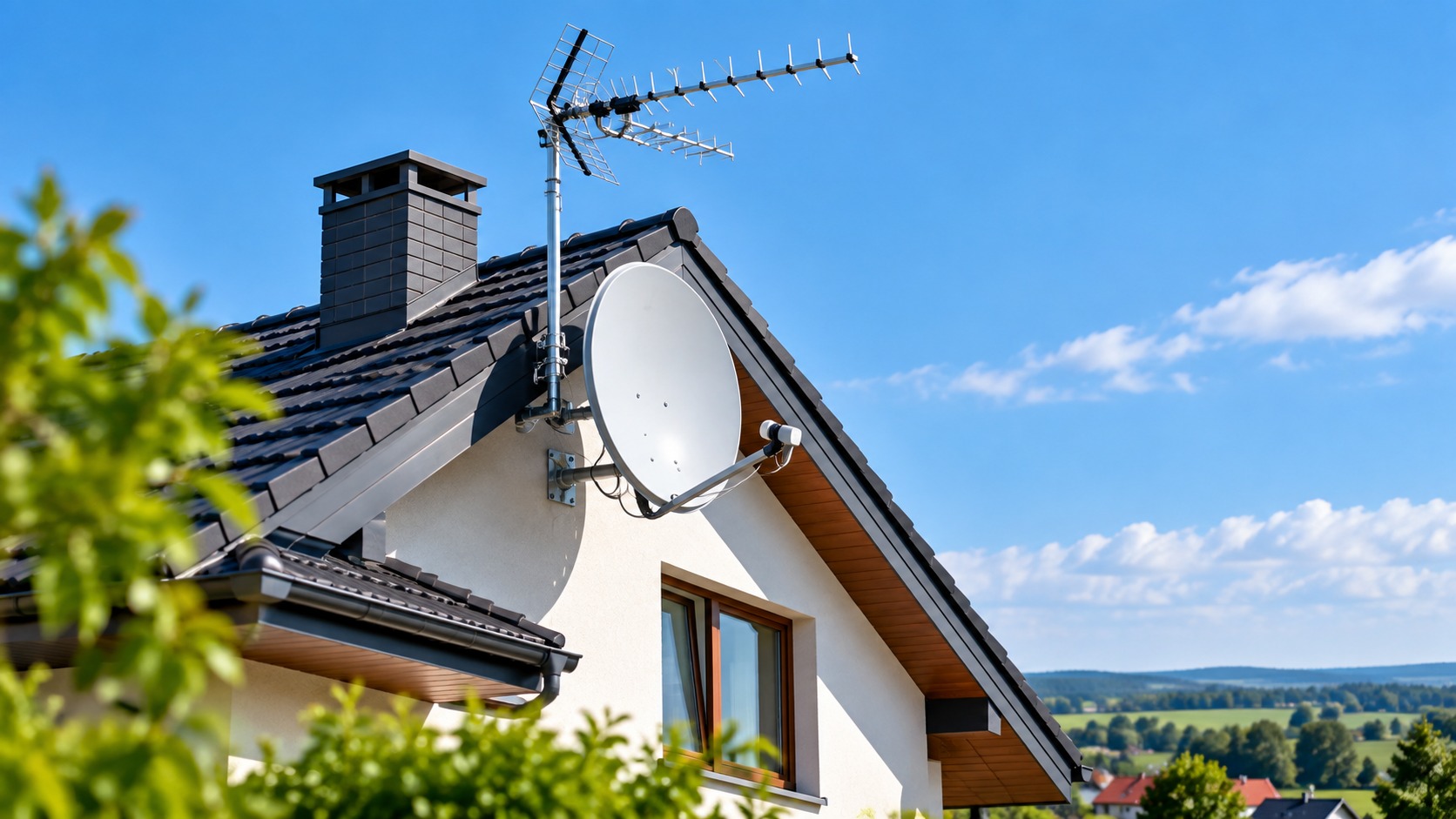 Dom z anteną DVB-T i anteną satelitarną